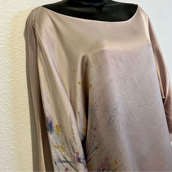 Boho 100% Silk Pink Scoop Neck Fairy Butterfly Sleeve Asymmetrical Mini Dress XS - Picture 3 of 15